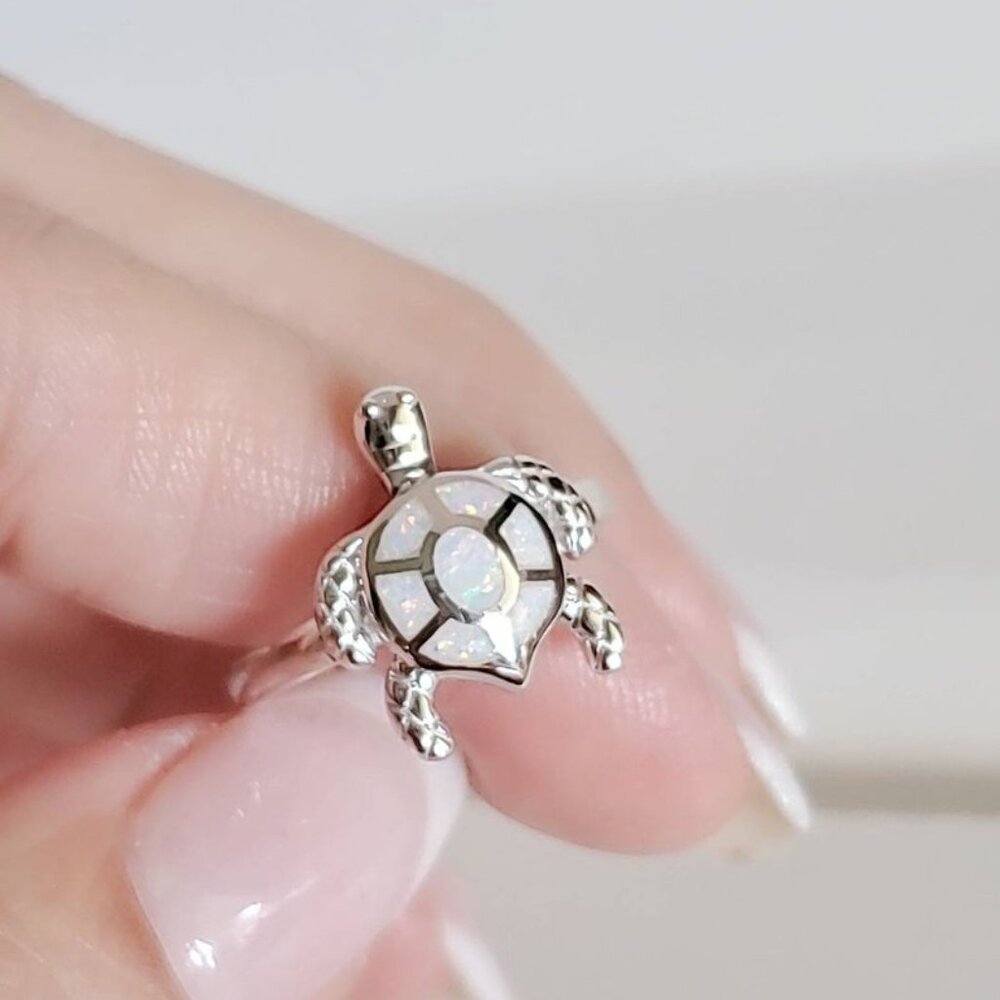 White Opal Turtle Ring, Sterling Silver Women Ring, 925 Stamped, Ocean Ring,